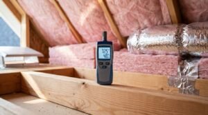 A digital thermo-hygrometer displaying 72.5°F and 48% relative humidity resting on an attic timber joist surrounded by pink fiberglass insulation and flexible foil ducting