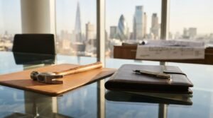 A wooden claw hammer and a leather portfolio with a fountain pen on a glass conference table in a high-rise office overlooking the London skyline