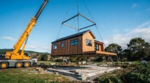 A large yellow crane lowering a prefabricated modern wood-clad home module onto a concrete foundation on a sunny day