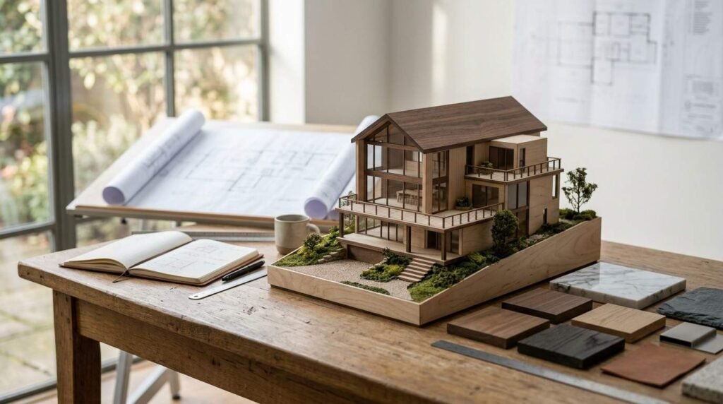 Detailed wooden architectural scale model of a modern multi-story home resting on a desk with blueprints, a sketchbook, and material samples
