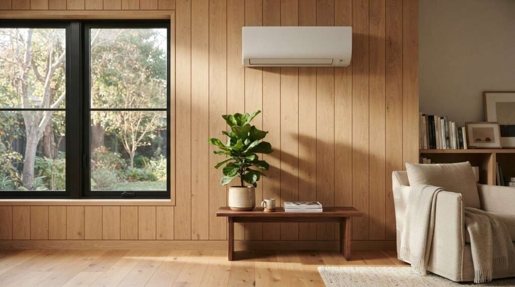 A sleek white wall-mounted ductless mini-split heat pump air conditioner installed on a light vertical wood-paneled wall above a low wooden bench with a potted plant