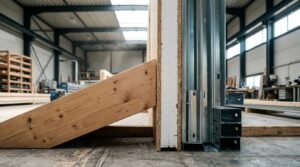 Cross-section of a structural insulated panel (SIP) connected to galvanized light-gauge steel framing and an angled glulam timber beam in a prefab manufacturing factory
