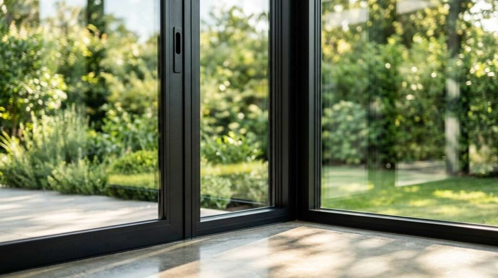 Sunlight streaming through floor-to-ceiling black aluminum glass doors onto polished concrete interior floors