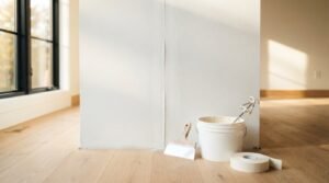 Drywall finishing tools including joint compound in a bucket with a mixer attachment, a taping knife, and drywall tape on a light wood floor next to a taped wall seam