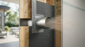 Cross-section of a high-performance wall assembly featuring a metal HVAC vent penetration sealed with tape, a vapor-permeable moisture barrier with water droplets, and mineral wool insulation