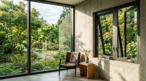 Modern minimalist living room featuring a floor-to-ceiling fixed glass window and an open black awning window beside a leather chair