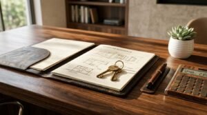 Brass keys resting on architectural floor plans inside an open leather portfolio folder, next to a pen, calculator, and small potted succulent on a wooden desk