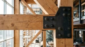 A heavy-duty black steel gusset plate with large hex bolts joining heavy timber post, beam, and diagonal brace connections inside a mass timber building under construction