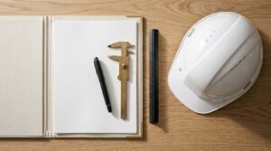 A top-down view of an open linen presentation folder with blank paper, a vintage brass caliper, a black fountain pen, a triangular scale ruler, and a white hard hat on a light wood desk