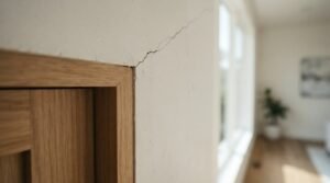 A diagonal stress crack extending upward from the corner of a natural wood door frame on a white drywall interior wall in a modern living room