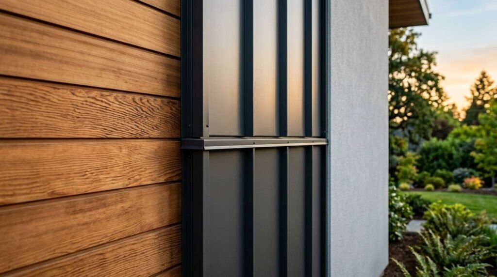 Close-up of a modern home exterior facade combining horizontal natural wood siding, dark matte standing seam metal panels with flashing, and smooth grey stucco