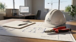 A white hard hat branded with 'Apex Constr.', red wire strippers, and a clipboard with handwritten notes resting on modular home architectural blueprints on an office desk overlooking a construction site