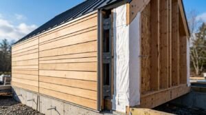A close-up construction view showing the structural connection joint of a prefab modular home, featuring horizontal cedar siding, heavy-duty steel bolting plates, weather-resistant house wrap, and exposed stud framing on a concrete foundation