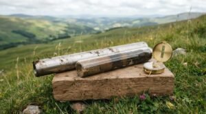 A stainless steel soil core sampler probe, a transparent acrylic tube displaying stratified soil layers, and an open brass sighting compass resting on a rustic timber block on a grassy hillside