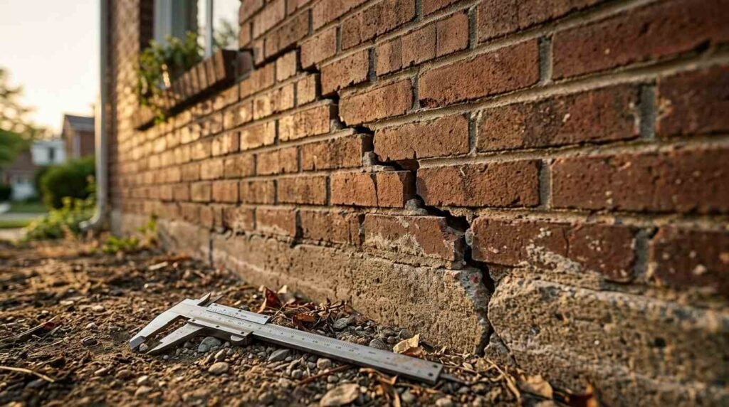 A stainless steel vernier caliper resting on dry soil next to a severe stairstep foundation crack splitting the red exterior brick wall and concrete base of a house