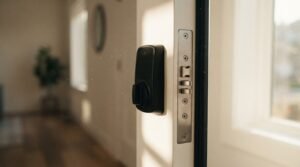 A close-up view of a modern black smart lock interior thumbturn and stainless steel multi-point mortise lock mechanism installed on an open white front door