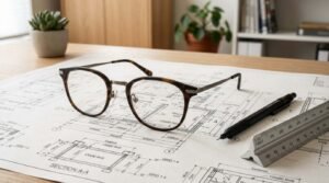 A pair of tortoise shell designer eyeglasses resting on architectural floor plans and section blueprints beside a mechanical drafting pencil and triangular aluminum scale ruler