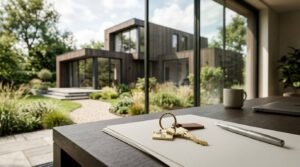 A brass house-shaped keychain with new keys resting on contract paperwork and a desk next to a silver pen, overlooking a modern two-story timber home and landscaped backyard