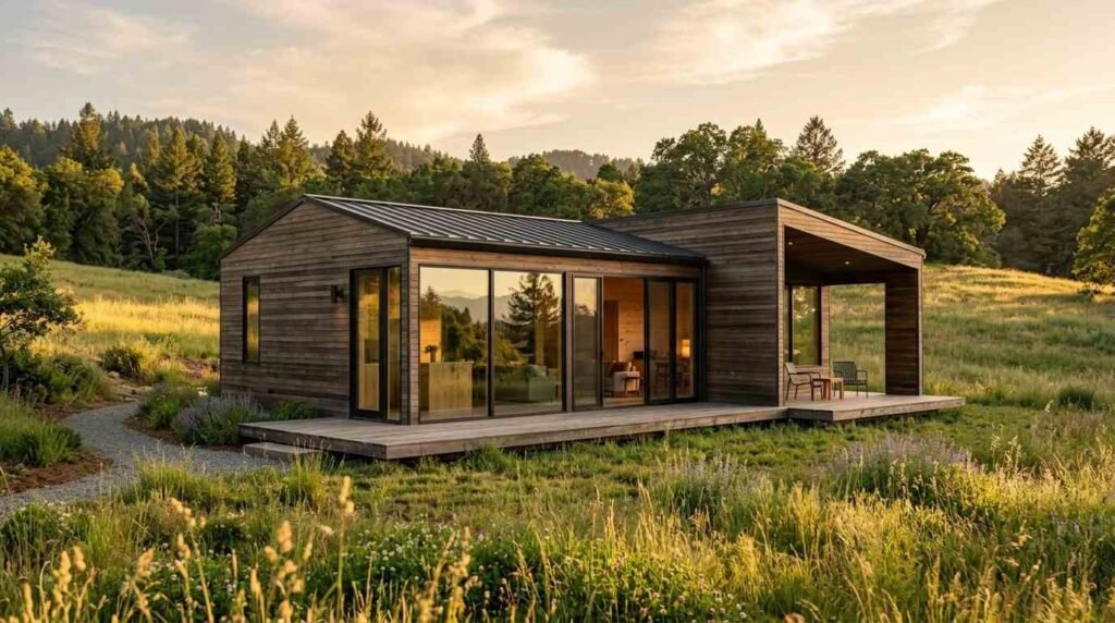 Exterior view of a modern minimalist prefab home with horizontal dark wood siding, floor-to-ceiling glass sliding doors, and a covered porch in a grassy meadow at sunset