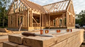 A wood chisel, carpenter's pencil, and spirit level resting on a stack of timber framing lumber in front of a new residential home frame under construction