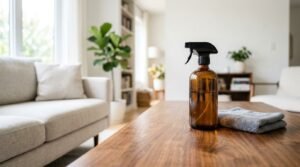 An amber glass spray bottle with a black trigger nozzle sitting next to a folded gray microfiber towel on a polished walnut coffee table in a modern living room
