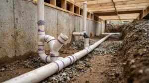 White PVC main sewer and drainage pipe line with purple primer solvent joints installed in a gravel-lined dirt trench along a concrete foundation wall