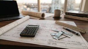 Structural engineering framing plan blueprint on a wooden desk with a scientific calculator, architect's scale ruler, pencil, steel hurricane ties, and a coffee mug