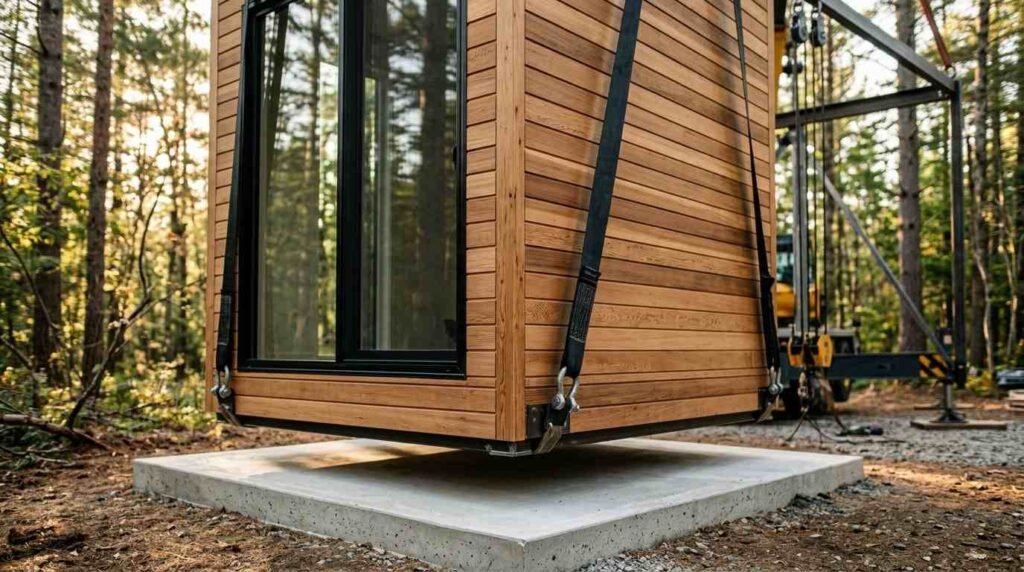 A crane lowering a prefabricated cedar-clad modular tiny home onto a poured concrete slab foundation in a forested setting