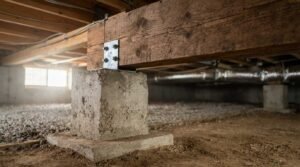 A heavy timber support girder secured with a galvanized steel bracket and bolts atop a poured concrete pier in a crawl space underneath residential floor joists