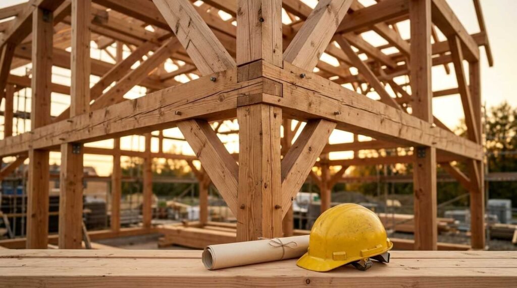 Heavy timber post-and-beam structural frame under construction with diagonal knee braces, mortise and tenon joinery, and structural bolts, staged with a rolled blueprint tied with twine and a yellow construction hard hat on a wooden beam in the foreground during golden hour