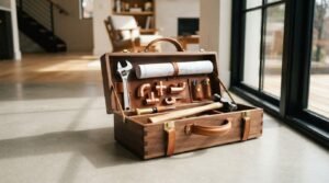 An open handcrafted walnut and leather artisan toolbox filled with plumbing blueprints, copper pipe fittings, a ball-peen hammer, and an adjustable wrench on a concrete floor