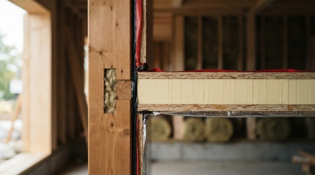 Cross-section of a structural insulated panel (SIP) connected to a solid timber column with airtight sealing tape and insulated mortise joint on a building site