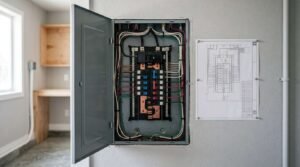 An open residential electrical breaker panel with neatly organized circuit wiring mounted on a drywall next to a pinned panel wiring diagram schematic
