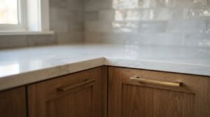 A close-up of a white marble quartz countertop corner with subtle grey veining, natural oak shaker cabinets with brass bar pulls, and a glossy subway tile backsplash