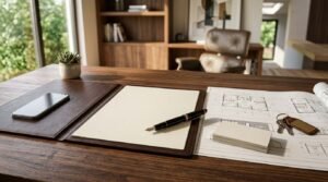 A fountain pen resting on a leather writing pad next to architectural floor plans, business cards, house keys, and a smartphone on a walnut executive desk in a modern office