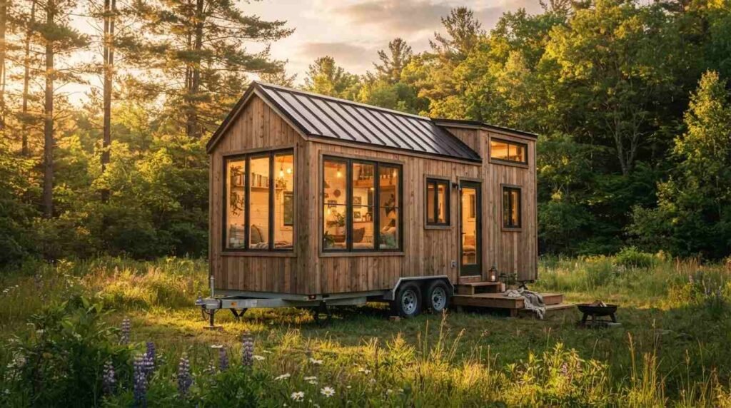 A rustic wooden tiny home on a wheeled trailer with large picture windows and a standing seam metal roof parked in a sunlit wildflower meadow beside a forest