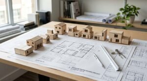 Row of miniature wooden house models arranged across a modular prefab housing blueprint on a wooden desk with drafting tools
