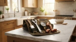 Plumbing tools, paintbrush, pressure gauge, and copper elbow pipe fittings set on an open canvas tool roll on a marble kitchen island
