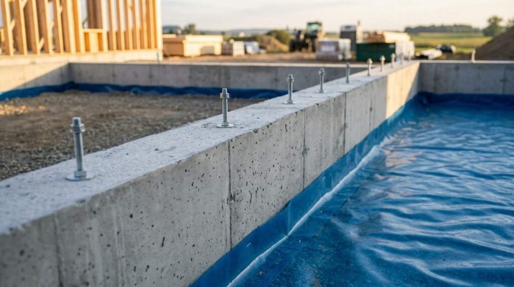 A poured concrete stem wall foundation with threaded anchor bolts installed along the top ledge, lined with a blue vapor barrier membrane on a residential construction site