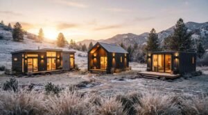 Three modern illuminated prefab cabins with wood and dark metal siding situated in a frosty mountain valley at sunrise