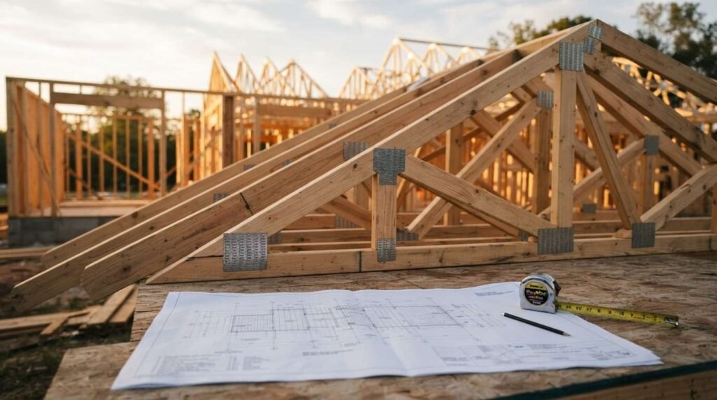 Prefabricated wood roof trusses stacked with architectural floor plans, pencil, and tape measure on a residential framing construction site at sunset