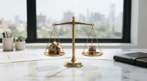 Brass balance scale with a small wooden model house on one side and a stack of coins on the other, set on a marble desk in an office overlooking a city