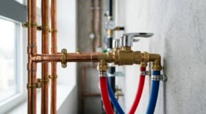 A brass shutoff valve with a chrome lever connected to copper riser pipes and red and blue PEX water lines mounted against a concrete wall