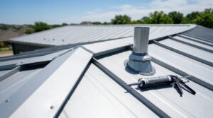 A black caulking gun with metal roof sealant resting on a silver standing seam metal roof next to a newly sealed vent pipe flashing and ridge cap seam