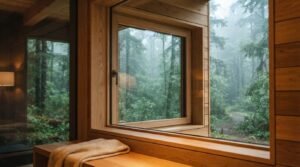 A modern wood-framed double-pane tilt-and-turn window set into natural timber wall cladding, offering a scenic view of a misty green pine forest