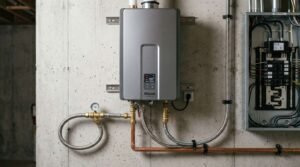 A wall-mounted Rinnai tankless water heater displaying 120 degrees connected to braided stainless steel hoses, copper pipes, a pressure gauge, and an adjacent open electrical breaker panel on a concrete basement wall