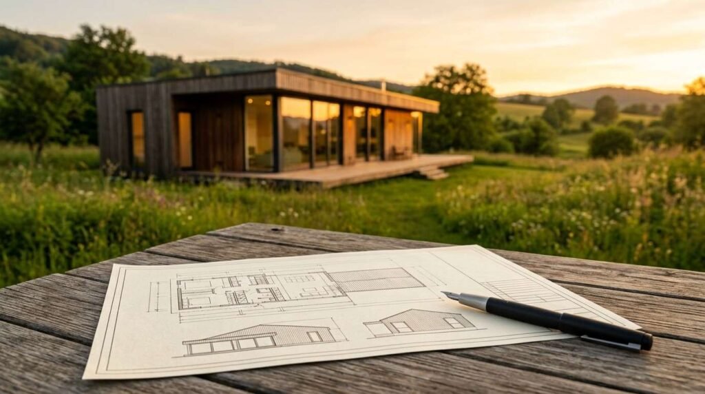 An architectural floor plan blueprint and black fountain pen on a weathered wooden picnic table overlooking a modern timber prefab home in a grassy meadow at sunset