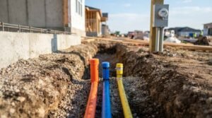 A deep utility trench with gravel bedding containing color-coded orange, blue, and yellow conduit pipes leading toward an electrical meter panel and new residential home construction