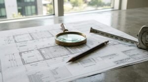 Architectural prefabrication module blueprints on a concrete desk with a brass magnifying glass, wooden drafting pencil, and metal measuring tape