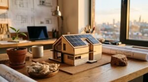 Architectural wooden scale model of an energy-efficient home with rooftop solar panels on a wooden desk next to insulation samples, a potted plant, and rolled blueprints by a sunny window